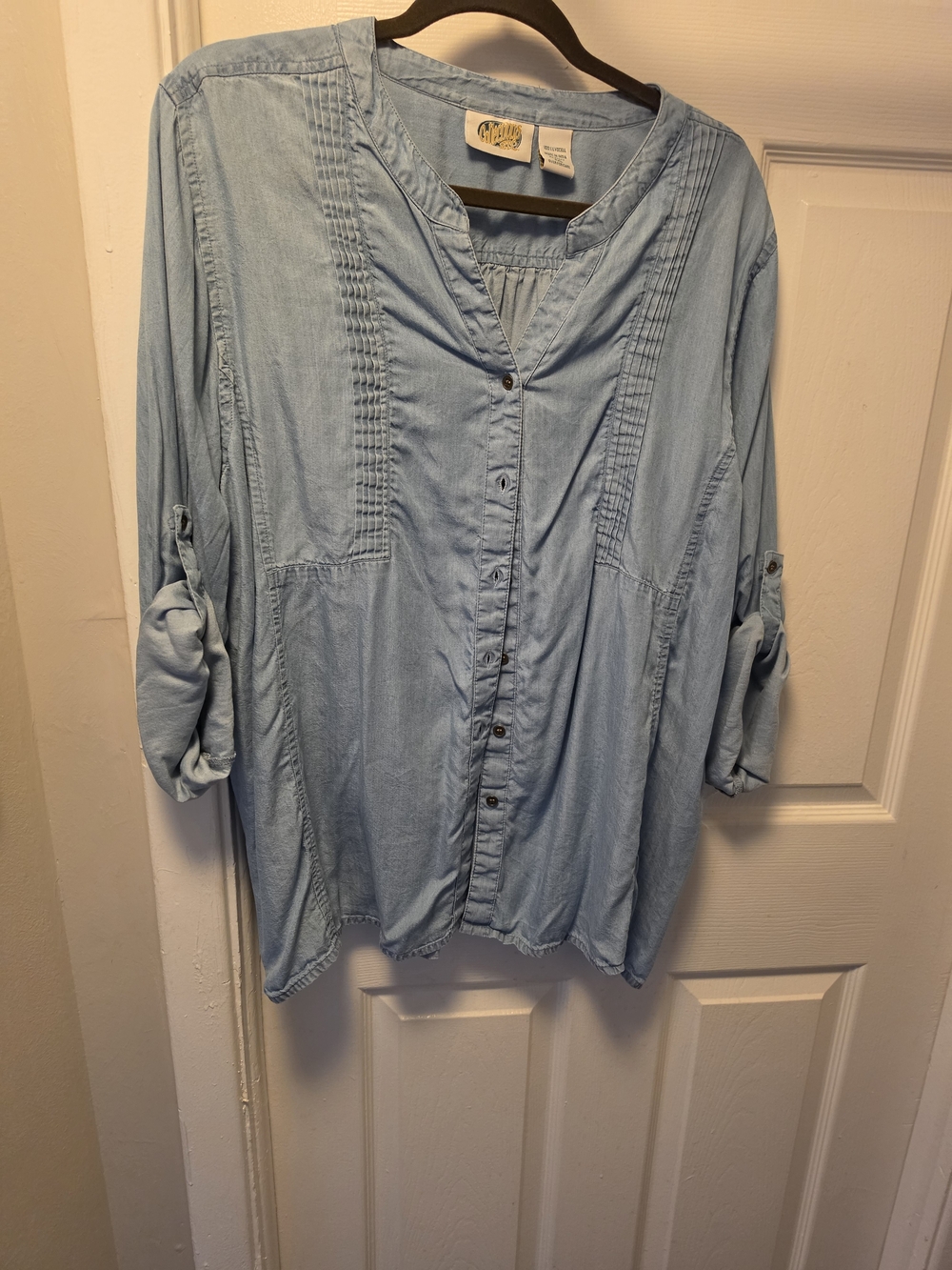 Light Blue Roll-Tab Chambray Button-Down Tunic